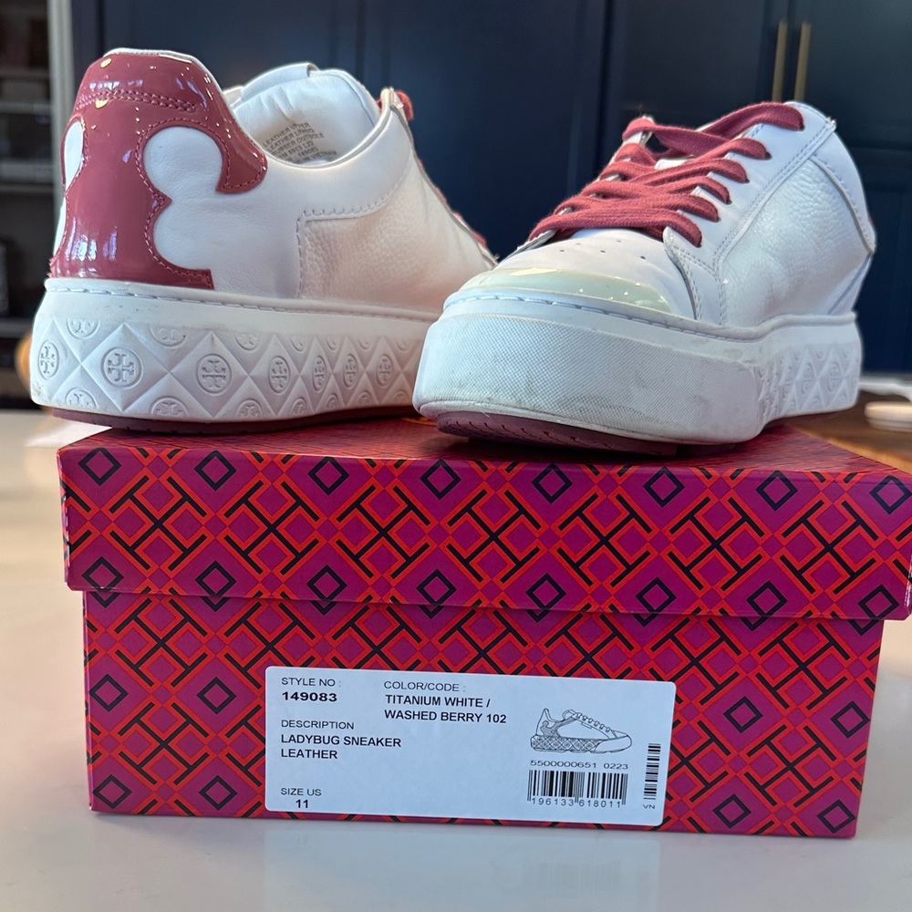 Very New Tory Burch Ladybug White Leather Sneakers with Berry Trim